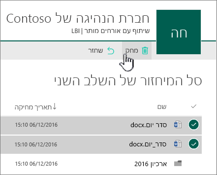 מיחזור ברמה השנייה של SharePoint Online עם לחצן 'מחק' מסומן