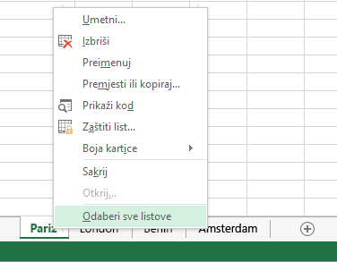 Na kontekstnom izborniku odabrana je mogućnost Odaberi sve listove.