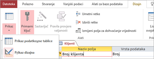 Prebacivanje tablice Designer između prikaza podatkovne tablice i prikaza dizajna