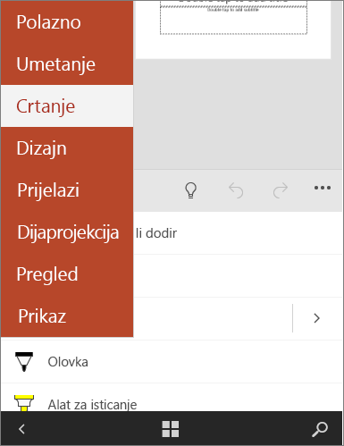 Prikazuje odabranu karticu Crtanje u sustavu Office Mobile.