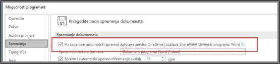 Dijaloški okvir Datoteka > Mogućnosti > Spremi s potvrdnim okvirom za omogućivanje ili onemogućivanje automatskog spremanja