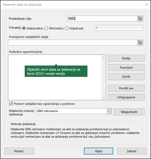 Slika dijaloškog okvira Alata za rješavanje programa Excel 2010