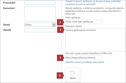 Novi zaslon za stvaranje web-aplikacije programa Access