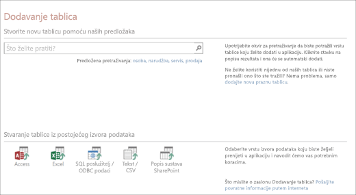 Dodavanje tablica u web-aplikaciju programa Access