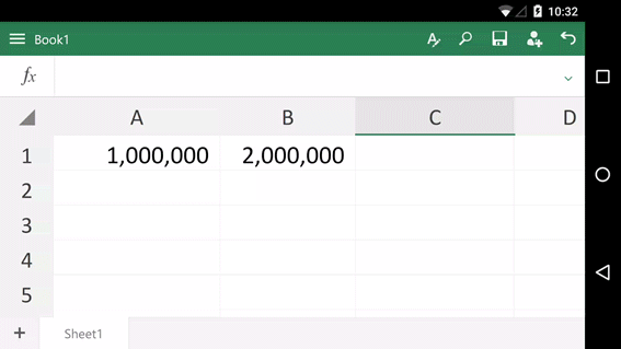 Finger taps cell, fx button, SUM; finger drags to select two cells, finger taps green check mark button