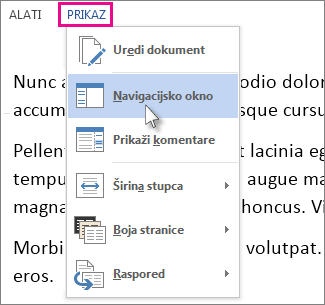 Slika izbornika Prikaz u načinu za čitanje uz odabranu mogućnost Navigacijsko okno.