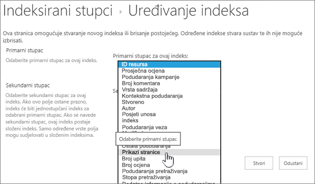 Uređivanje stranice indeksa s odabranim stupcem iz padajućeg okvira