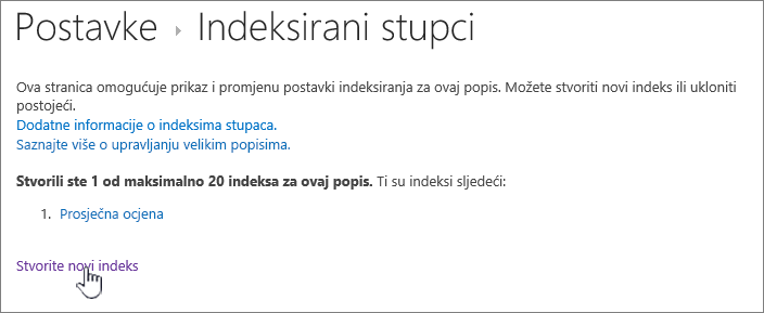 Stranica indeksiranih stupaca s istaknutim stvaranjem novog indeksa