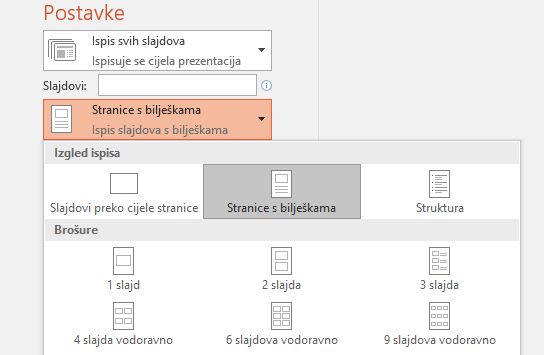 snimka zaslona mogućnosti ispisa bilježaka