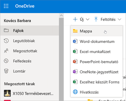 A OneDrive Mappa létrehozása eleme