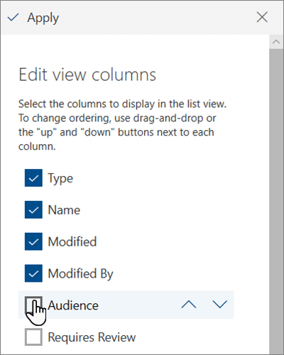 A Nézetoszlopok szerkesztése panel a modern SharePoint Online-ban