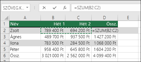 A D2 cella megjeleníti az AutoSzum összegző képletet: =SZUM(B2:C2)
