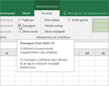 Összegsor beállítás a Tervezés lapon
