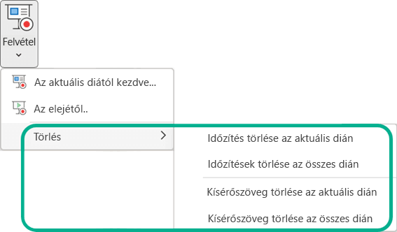 A Törlés parancs a PowerPoint Diavetítés felvétele menügombján