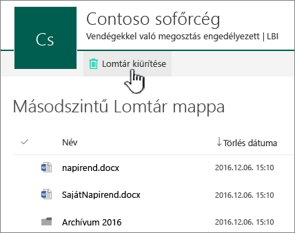 SharePoint Online – másodfokú lomtár kiemelt Lomtár ürítése gombbal