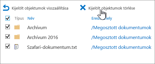 SharePoint 2016 – másodfokú lomtár kijelölt elemekkel és kiemelt törlés gombbal