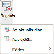 A Diavetítés felvétele parancs a PowerPoint Rögzítés lapján