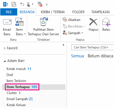 Klik Item Terhapus dalam daftar folder