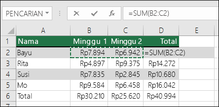 Sel D2 memperlihatkan rumus Sum AutoJumlah: =SUM(B2:C2)