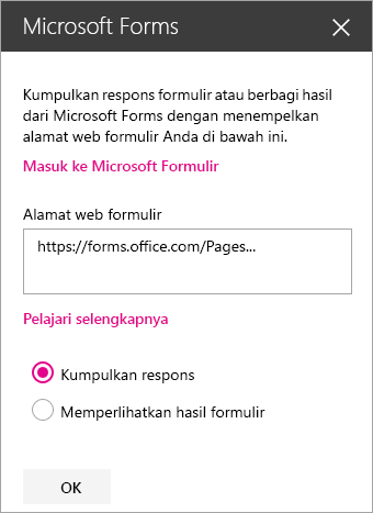 Panel komponen web Microsoft Forms untuk formulir yang sudah ada.