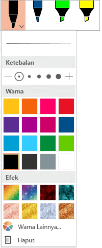 Opsi warna dan ketebalan untuk pena di galeri pena Office pada tab Gambar