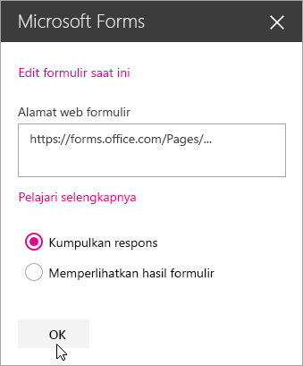 Setelah formulir baru dibuat, panel komponen web Microsoft Forms akan menampilkan alamat web formulir.