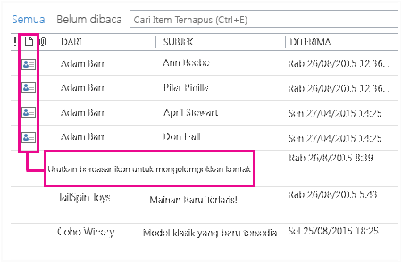 Mengurutkan menurut ikon untuk mengelompokkan kontak di folder Item Dihapus