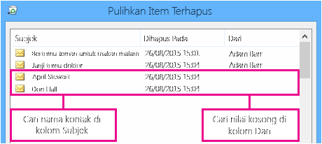 Mengurutkan menurut kolom Subjek atau Dari untuk menemukan kontak