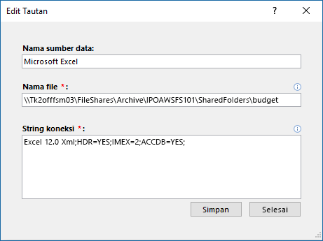 Kotak dialog Edit Link untuk sumber data Excel