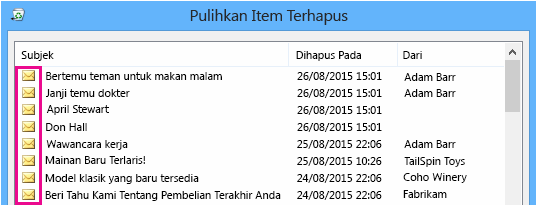 Semua tipe item memiliki ikon yang sama di folder Item yang Dapat Dipulihkan