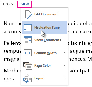 Gambar menu Tampilan di Mode Baca, dengan opsi Panel Navigasi dipilih.