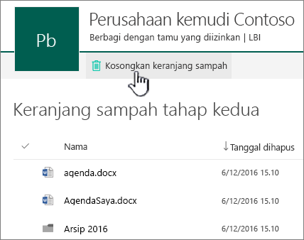 Keranjang sampah tingkat 2 SharePoint Online dengan Tombol Kosongkan keranjang sampah disorot