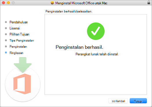 Memperlihatkan halaman terakhir dari proses penginstalan, mengindikasikan bahwa penginstalan berhasil.