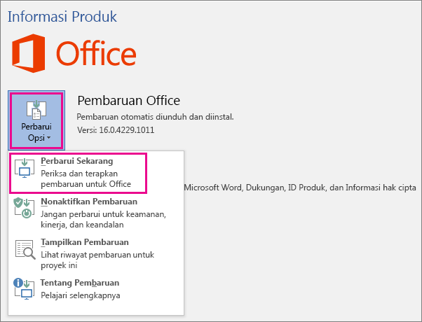 Memeriksa pembaruan Office di Word 2016 secara manual