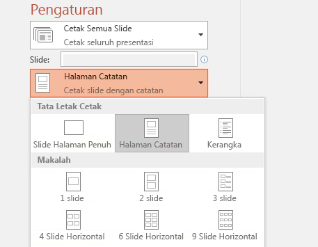 cuplikan layar opsi cetak catatan