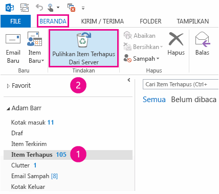 Pilih folder Item Terhapus dan klik Pulihkan Item Dari Server