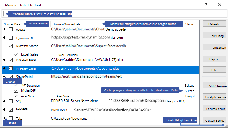 Kotak dialog Manajer Tabel Tertaut