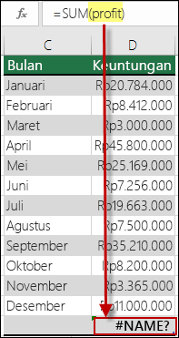 Kesalahan #NAME? akibat referensi ke nama yang tidak terdefinisi di sintaks