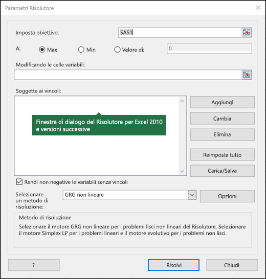 Immagine della finestra di dialogo del Risolutore di Excel 2010