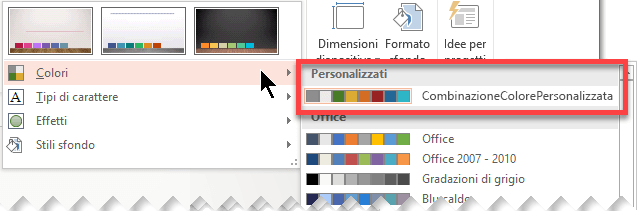 Dopo aver definito una combinazione di colori personalizzata, questa viene visualizzata nel menu a discesa Colori