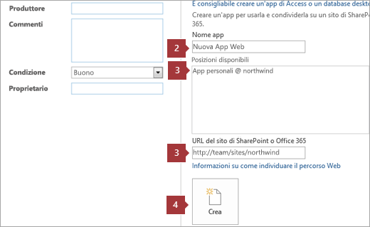 Schermata di creazione di una nuova app Web di Access