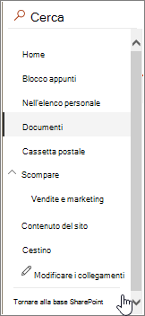 Barra di avvio veloce sulla sinistra dello schermo con Torna a SharePoint classico evidenziato.