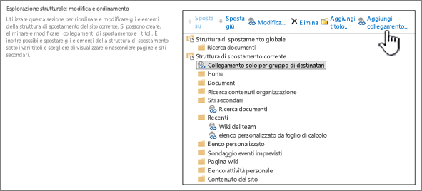 Sotto Esplorazione strutturale in Impostazioni struttura di spostamento, con opzione Aggiungi collegamento evidenziata