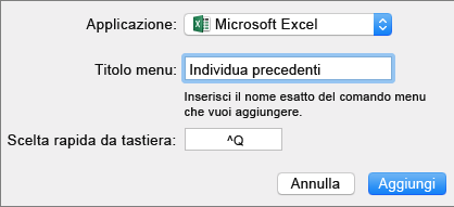 Esempio di scelta rapida da tastiera personalizzata di Office 2016 per Mac