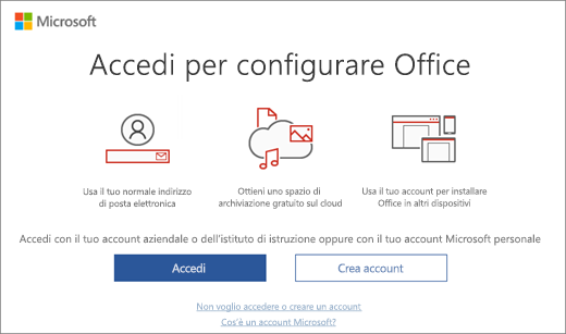 Mostra la pagina "Accedi per configurare Office" che può essere visualizzata dopo l'installazione di Office