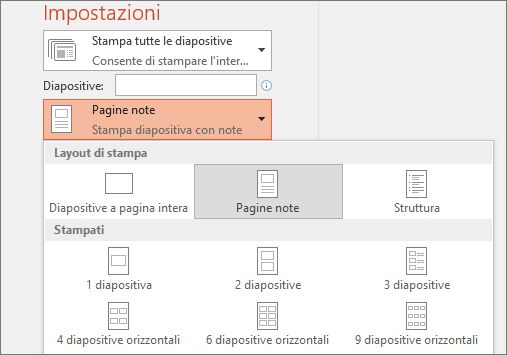 Screenshot dell'opzione di stampa di note