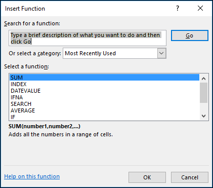 Formule di Excel - finestra di dialogo Inserisci funzione