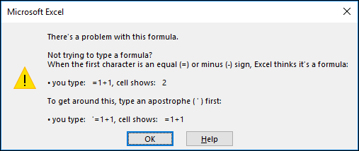 Excel の [数式に問題があります] ダイアログ ボックスの画像