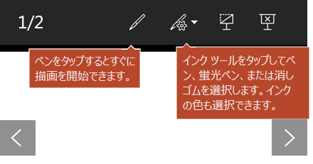 スライド ショー ビューで使用できるインク ツール。