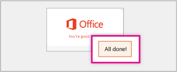 Office のインストールが完了したことを示す "準備が整いました" 画面と "完了" ボタンのスクリーン​​ショット